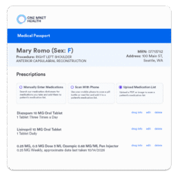 Medical Passport offers three quick ways to add medications: scanning a pill bottle, uploading a medication list, or entering them manually.